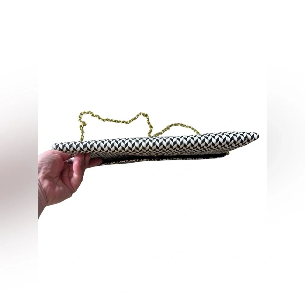J Crew Black White Woven Envelope Clutch Gold‎ Chain